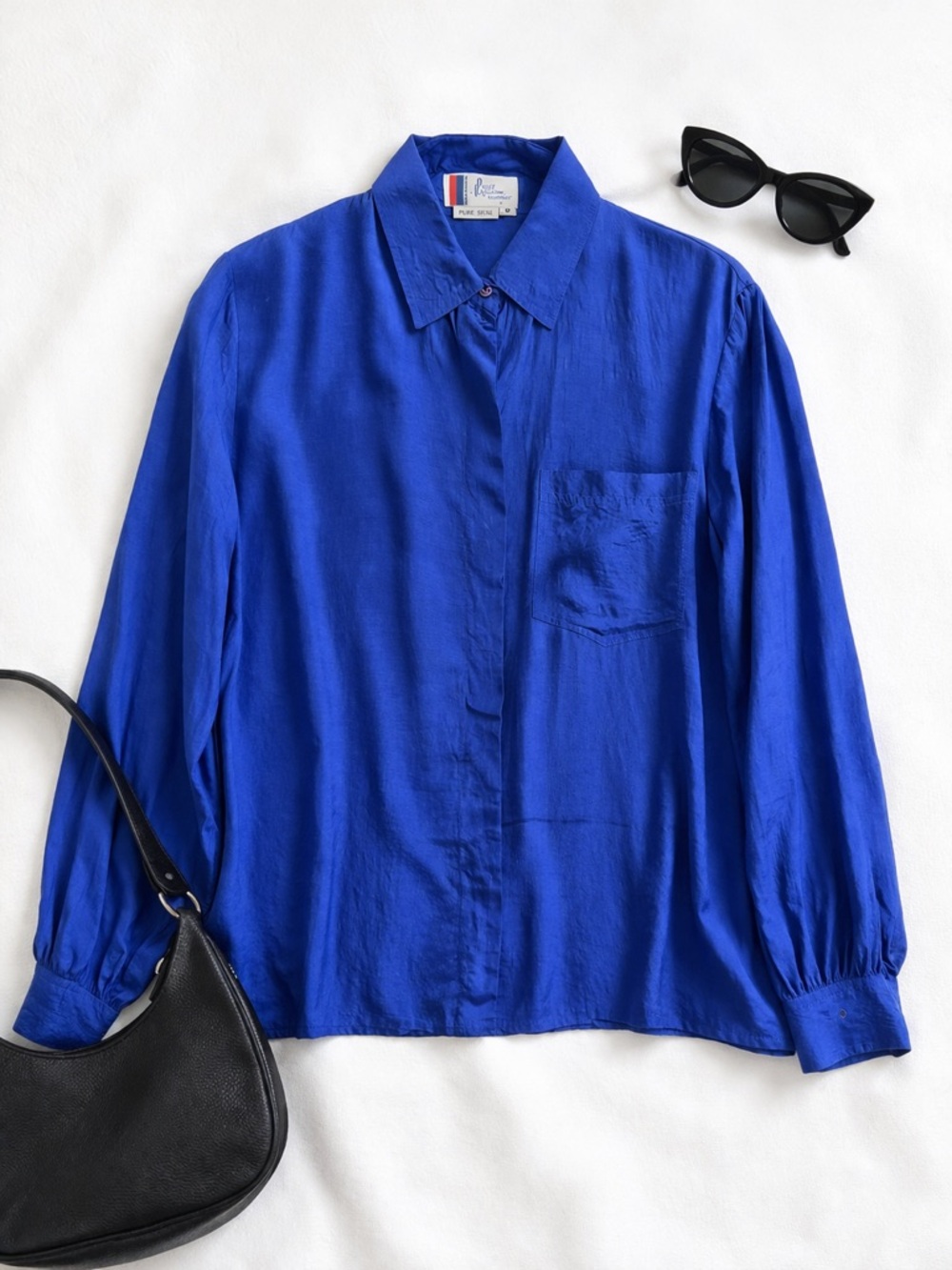 Pierre Charbonnier Pure Silk Blue Button Front Blouse Vintage Size 12
